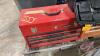 Pallet w/ (2) bench top tool boxes (empty), plastic tool box w/ barn door track parts, plastic toolbox w/ hose clamps, steel chainsaw blade, pressure washer wand nozzle, (2) imp jacks, (2) sets of booster cables, asst&rsquo;d farm chemicals (full jug of Grazon - 2