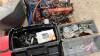Pallet w/ (2) bench top tool boxes (empty), plastic tool box w/ barn door track parts, plastic toolbox w/ hose clamps, steel chainsaw blade, pressure washer wand nozzle, (2) imp jacks, (2) sets of booster cables, asst&rsquo;d farm chemicals (full jug of Grazon - 5