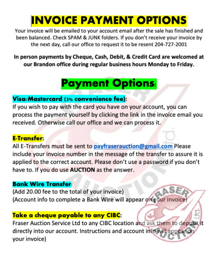 INVOICE PAYMENT OPTIONS: Payment trailer will be onsite 9am to 6pm April 2nd - 3rd ONLY!!