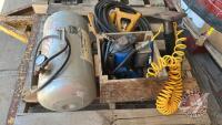 Pallet w/ Powerfist 20 ton air/hyd bottle jack, 1 pair Wilmar 6 ton capacity ratcheting jack stands, Powerfist 7 gal portable air tank, 5000lb capacity top wind imp jack, Vaper 25' 1/4" coiled air hose (45' 300 psi rated used rubber air hose) F70