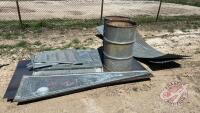 Pallet w/ (3) 4' x 8' steel sheets 1/8" thick unused, (1) heavy steel 45 gal barrel, (1) steel 205L (45 gal) barrel, Westeel Roscoe single handle grain bin door (42" W x 51"H), (6) 90"L roof sheets for Westeel Roscoe grain bin, (2) 12 rib grain bin sheet