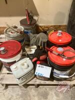 Prairie Select sprayer antifreeze, 1 pail full plus part pail approx 1/2 full; hydraulic transmission oil 5 gal 1/2 - 2/3 gull; gear oil GX 80W-90, 5 gal plus part pail with pump; (2) 1 gal measure jugs, funnel, oil drain pans