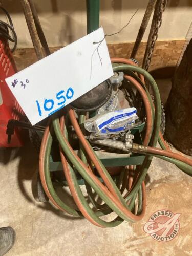 Oxygen-acetylene tanks and stand, goggles, large stand for large tanks (tanks not included)