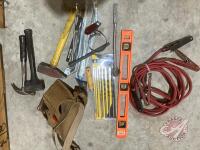 Level, nail pouch w/ measuring tapes, hammers, booster cables, 7pc drill bit set, propane tank w/ (2) torches