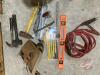 Level, nail pouch w/ measuring tapes, hammers, booster cables, 7pc drill bit set, propane tank w/ (2) torches
