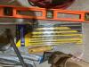 Level, nail pouch w/ measuring tapes, hammers, booster cables, 7pc drill bit set, propane tank w/ (2) torches - 2