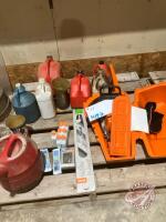 Stihl 260 chain saw and case, 20" blade, files, 16" bar + chain, case of 2 stroke engine oil, 3 gas jugs, chain oil etc "ID TAG #1042