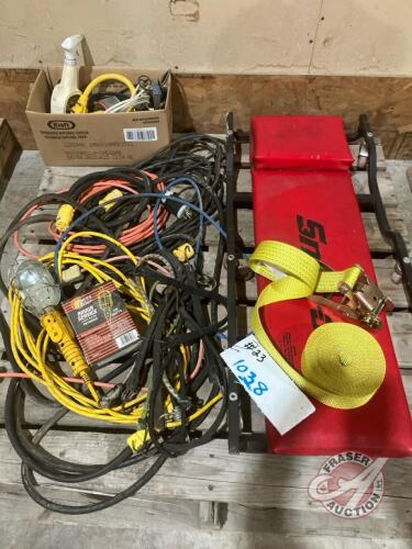 Snap on creeper, ratchet strap 2", trouble light, extension cords - heavy + light, tarp straps etc