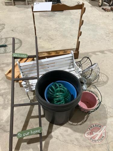 Wooden gun holder, (2) wooden cases w/ pegs inside, Ornamental bench, Asst'd flower pots, ladder decor, coil garden hose