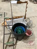 Wooden gun holder, (2) wooden cases w/ pegs inside, Ornamental bench, Asst'd flower pots, ladder decor, coil garden hose