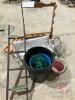 Wooden gun holder, (2) wooden cases w/ pegs inside, Ornamental bench, Asst'd flower pots, ladder decor, coil garden hose