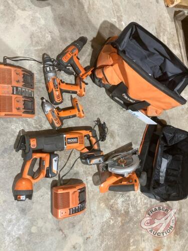 Ridgid power tools, flashlight, skill saw, drill, sawsall, 1/2" drill, hilti gun, (2) new batteries + chargers