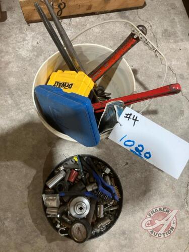 Assorted tools: Pipe wrenches, Punches, Vice grip, Set of allen wrenches, (3) screw driver sets, Drill bit set, Container odds + ends