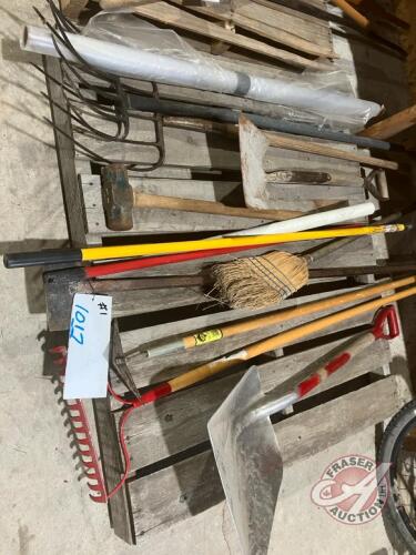 Pallet w/shovels, broom, plastic roll, sledge hammer, ice pic, extension poles, rake, (2) forks, hoe
