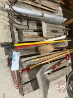 Pallet w/shovels, broom, plastic roll, sledge hammer, ice pic, extension poles, rake, (2) forks, hoe