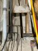 Pallet w/shovels, broom, plastic roll, sledge hammer, ice pic, extension poles, rake, (2) forks, hoe - 2
