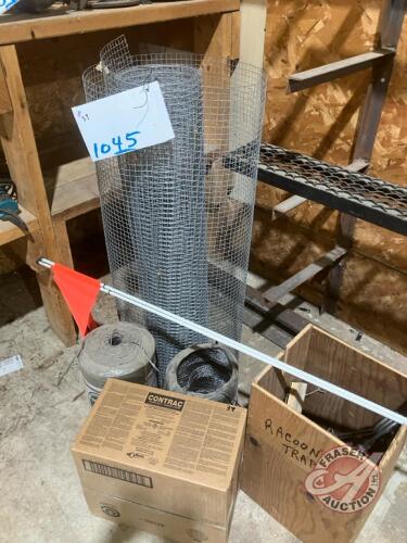 (3) rat traps, (1) racoon trap, (1) roll plastic baler twine, 1/2 box mouse poison, small square roll of garden wire