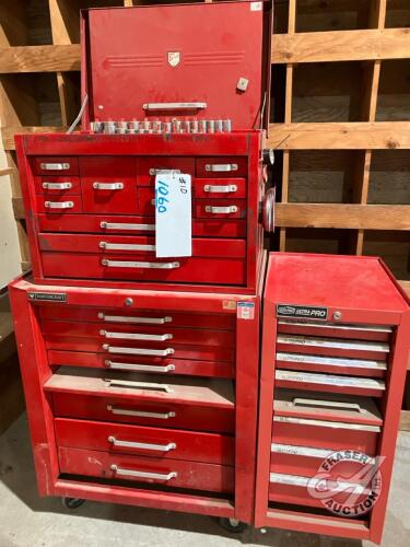 Mastercraft 2 tier tool box, Upper lower cabinets w/ Ultra Pro side tool box, comes with sockets, drivers, ratchet wrenches 6 pc, caliber, key stock, punches, chisels etc "ID TAG #1060"