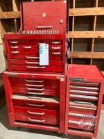 Mastercraft 2 tier tool box, Upper lower cabinets w/ Ultra Pro side tool box, comes with sockets, drivers, ratchet wrenches 6 pc, caliber, key stock, punches, chisels etc "ID TAG #1060"
