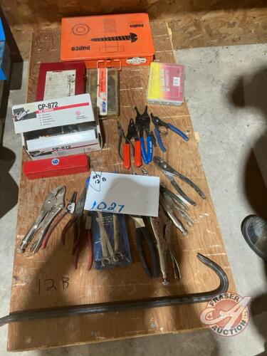 Set of steel cotter pins, set of O rings, set of grease fittings, set of machine bushings, die grinder and attachments, impact driver, vice grips, snap ring pliers, flare nut wrenches, goose neck