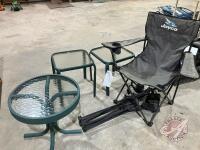 (3) small patio tables w/ glass tops, (2) folding camp chairs