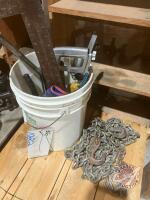 Lots of screwdrivers, 7pc nut driver set, hack saw, (2) squares, trouble light, hammers, level, 20' of 3/8" chain