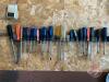 Lots of screwdrivers, 7pc nut driver set, hack saw, (2) squares, trouble light, hammers, level, 20' of 3/8" chain - 6