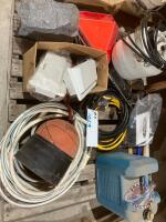 Pallet w/ propane tank + torch, propane hose, (2) RV extension cords, (2) garden hoses, Slow moving sign, rock like speaker, 20L jug, box of RV fittings, basket ball