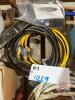 Pallet w/ propane tank + torch, propane hose, (2) RV extension cords, (2) garden hoses, Slow moving sign, rock like speaker, 20L jug, box of RV fittings, basket ball - 2