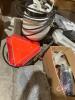 Pallet w/ propane tank + torch, propane hose, (2) RV extension cords, (2) garden hoses, Slow moving sign, rock like speaker, 20L jug, box of RV fittings, basket ball - 4
