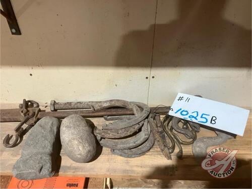 Beam scale, horse shoes, (2) stone heads