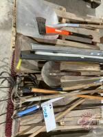 Pallet w/ shovels, broom, axe, extension polies, plastic roll, screen roll, (2) hoes, (1) fork