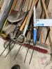 Pallet w/ shovels, broom, axe, extension polies, plastic roll, screen roll, (2) hoes, (1) fork - 2