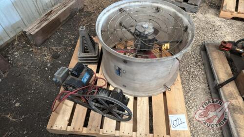 Pallet w/ Better Air barn/ventilation fan, (4) aluminum jack stands (no screw tops, just bottoms), cable winch w/ electric motor