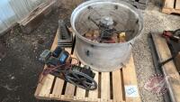 Pallet w/ Better Air barn/ventilation fan, (4) aluminum jack stands (no screw tops, just bottoms), cable winch w/ electric motor