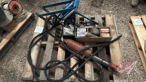 Pallet w/ manual hyd hose crimper w/ &frac12; and 3/8 dyes, assortment of hyd ends and couples, bearings, HD hyd cylinder w/ hoses