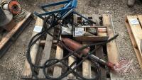 Pallet w/ manual hyd hose crimper w/ &frac12; and 3/8 dyes, assortment of hyd ends and couples, bearings, HD hyd cylinder w/ hoses
