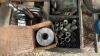 Pallet w/ manual hyd hose crimper w/ &frac12; and 3/8 dyes, assortment of hyd ends and couples, bearings, HD hyd cylinder w/ hoses - 6