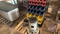 Pallet w/ plastic parts bin assortment kit, Black and Decker jig saw, drill bit sharpener, &frac12;&rdquo; drill, Kerosun kerosene heater
