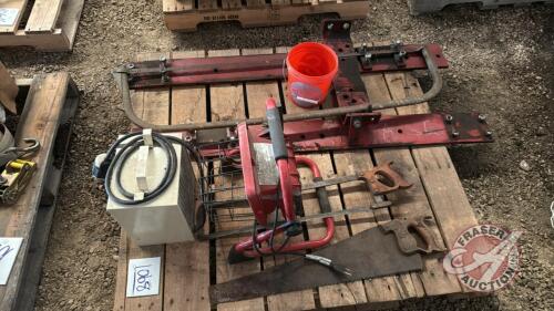 Pallet w/ halogen flood light, halogen shop heater, meat saw, hand saw, set of loader brackets for mounting 2400 series IH loader to 4400 series JD tractor