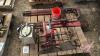 Pallet w/ halogen flood light, halogen shop heater, meat saw, hand saw, set of loader brackets for mounting 2400 series IH loader to 4400 series JD tractor
