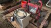 Pallet w/ halogen flood light, halogen shop heater, meat saw, hand saw, set of loader brackets for mounting 2400 series IH loader to 4400 series JD tractor - 2