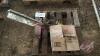 Pallet w/ manual skeet thrower, box asst&rsquo;d clay pigeons, plinking target