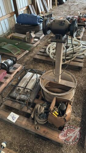 Pallet w/ 6&rdquo; bench grinder mounted on truck rim and stand, propane heater, electric polisher, ratchet straps