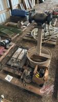 Pallet w/ 6&rdquo; bench grinder mounted on truck rim and stand, propane heater, electric polisher, ratchet straps