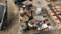 Pallet w/ several spools of various electrical wire and cable, Box w/ couplers, connections, lights, cord ends