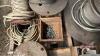 Pallet w/ several spools of various electrical wire and cable, Box w/ couplers, connections, lights, cord ends - 7