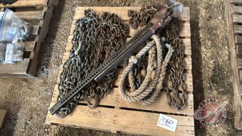 Pallet w/ Jack All jack, (3) logging chains (various sizes and lengths), tow rope w/ chain ends