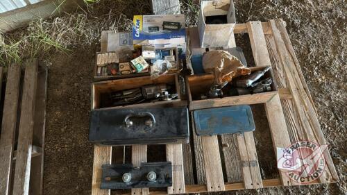 Pallet w/ JD tool box w/ frame mount including contents (flat wrenches, ball peen hammer, screwdrivers), (2) asst&rsquo;d small socket sets, Box of bearings, cab cam parts &ndash; camera and extra wiring harness, no monitor, &frac34;&rdquo; air impact, (2) &frac12;&rdquo; impacts, air drill, 