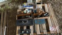 Pallet w/ JD tool box w/ frame mount including contents (flat wrenches, ball peen hammer, screwdrivers), (2) asst&rsquo;d small socket sets, Box of bearings, cab cam parts &ndash; camera and extra wiring harness, no monitor, &frac34;&rdquo; air impact, (2) &frac12;&rdquo; impacts, air drill, 